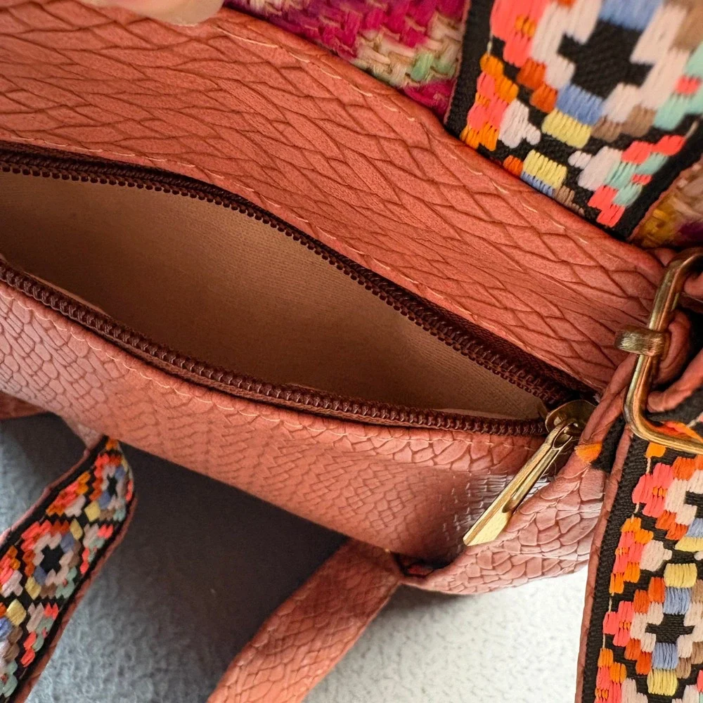 Boho Mini Backpack Terracotta Faux Leather Woven Geometric Pom Pom Trim Pink